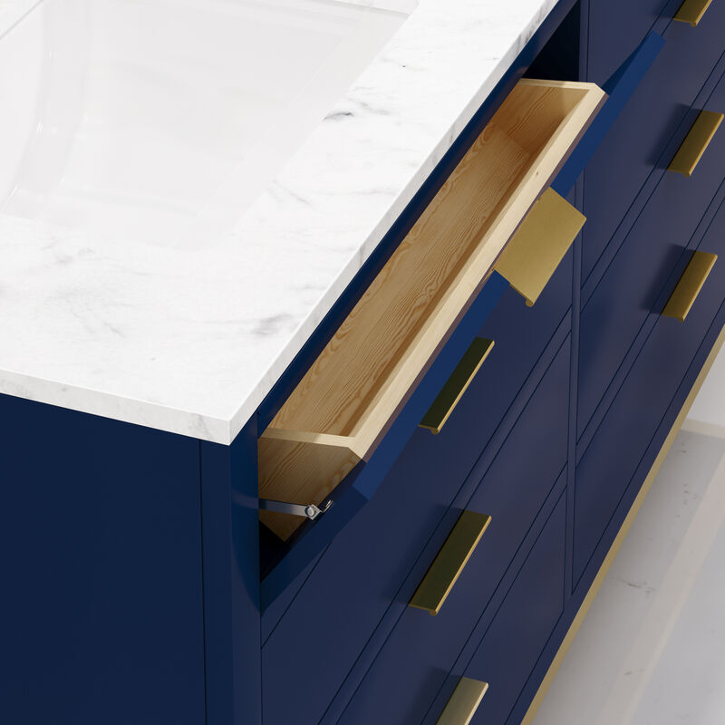 Bristol 60 In. Double Sink Carrara White Marble Countertop Bath Vanity in Monarch Blue