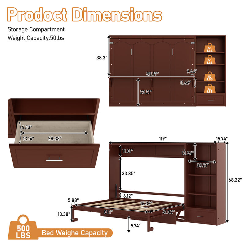 Merax Queen Size Murphy Bed with Height Adjustable Storage Compartments and Shelf image number 8