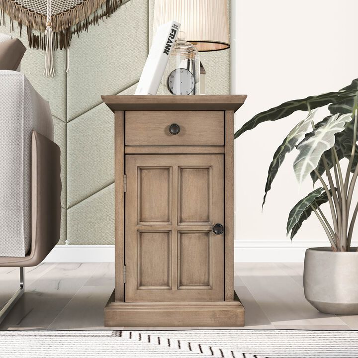 Clihome Classic Vintage Livingroom End Table Side Table with USB Ports and One Multifunctional Drawer with cup holders