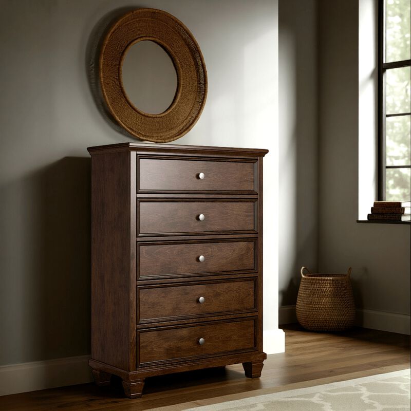 Reno Tall Dresser Chest, 5 Drawer Nickel Round Knobs, Brown Solid Wood - Benzara