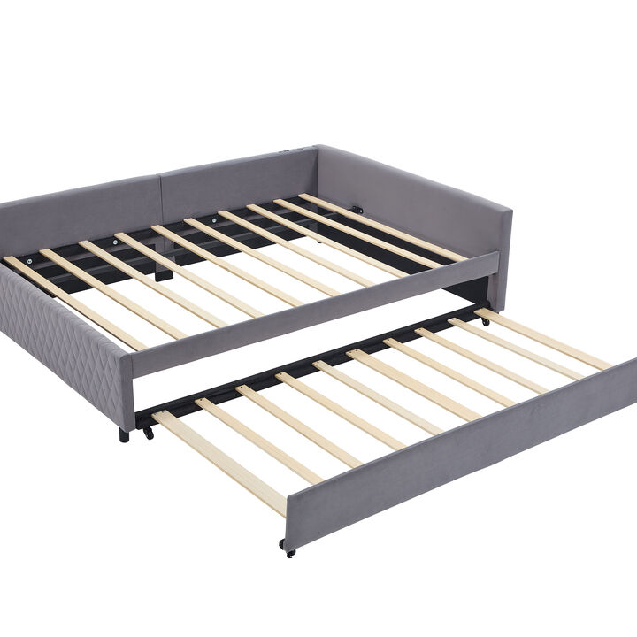 Merax Upholstered Daybed with Trundle,sturdy wooden bed frame, modern diamond grid design