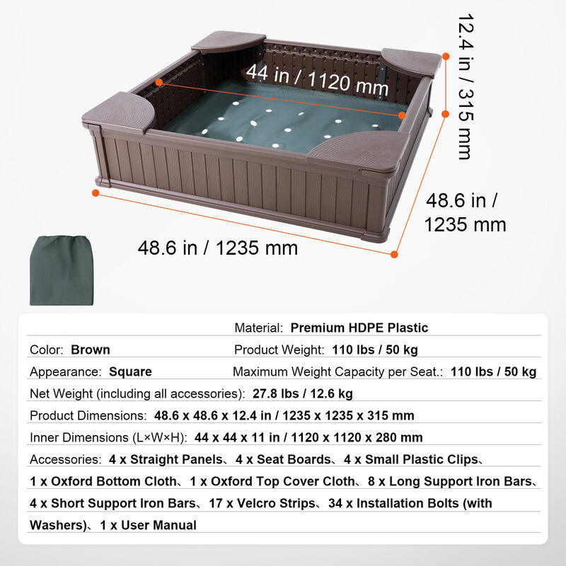 Square Sandbox with Cover &ndash; HDPE Outdoor Sand Pit with Seating for 4 Kids & Bottom Liner, Perfect for Backyard Play Ages 3&ndash;12