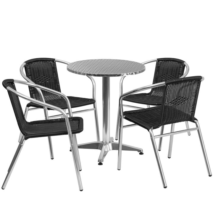 Flash Furniture Lila 23.5'' Round Aluminum Indoor-Outdoor Table Set with 4 Black Rattan Chairs