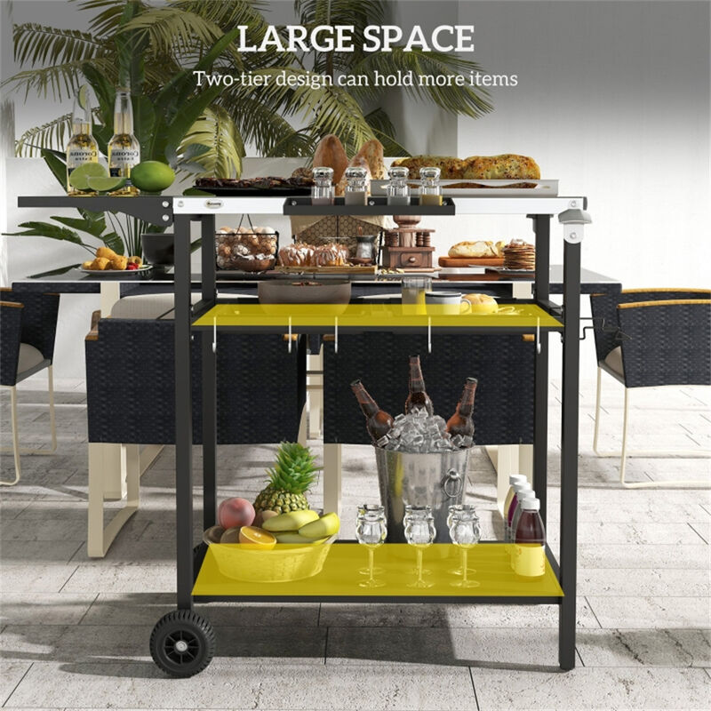 Rolling Wicker Grill Cart for Patio &ndash; Outdoor Kitchen Island with Storage and Extended Table image number 5