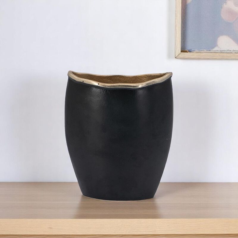 HomeRoots 10" Black And Gold Cast Aluminum Oval Table Vase image number 1