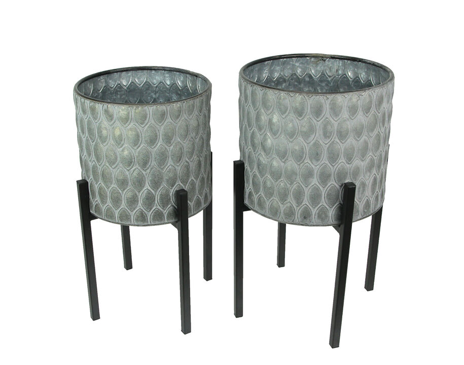 Set of 2 Galvanized Zinc Finish Leaf Pattern Metal Planters With Wooden Stands