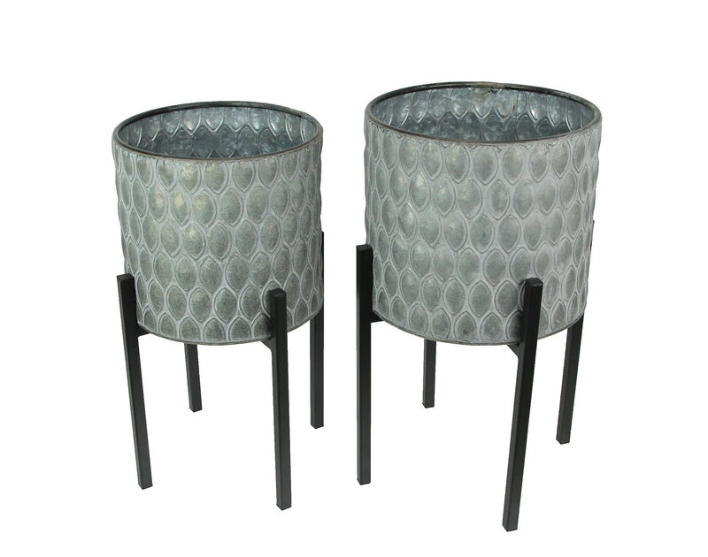 Set of 2 Galvanized Zinc Finish Leaf Pattern Metal Planters With Wooden Stands image number 0
