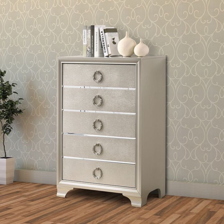 Five Drawers Wooden Dresser with Oversized Ring Handles, Silver-Benzara