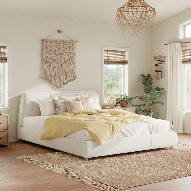 Merax Plush Upholstered Bed with Cotton-Linen Blend & Sturdy Rubberwood Frame