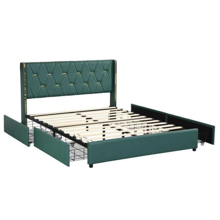 Hivvago PU Leather Upholstered Bed Frame with 4 Drawers