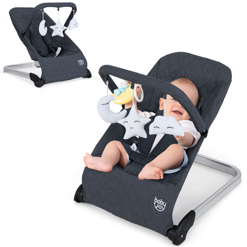 Foldable Baby Bouncer with Removable Fabric Cover and Toy Bar for Comfort and Entertainment