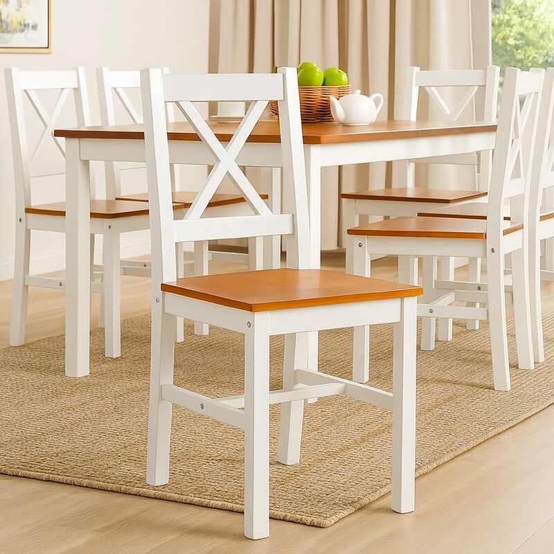 Lipa Dining Side Set of 6, X Back Design, White, Brown Pine Wood