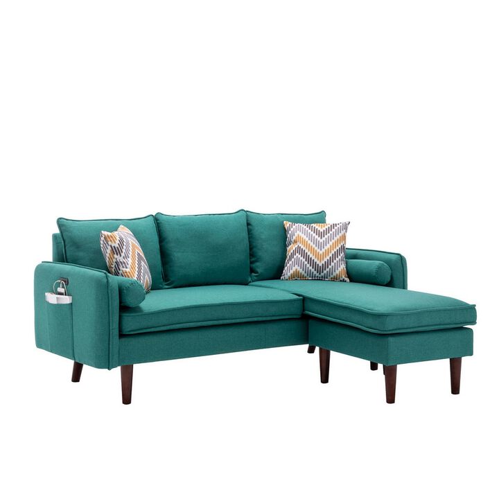 Ranon 70 Inch Sectional Chaise Sofa, Pillows, USB Ports, Side Pockets, Teal