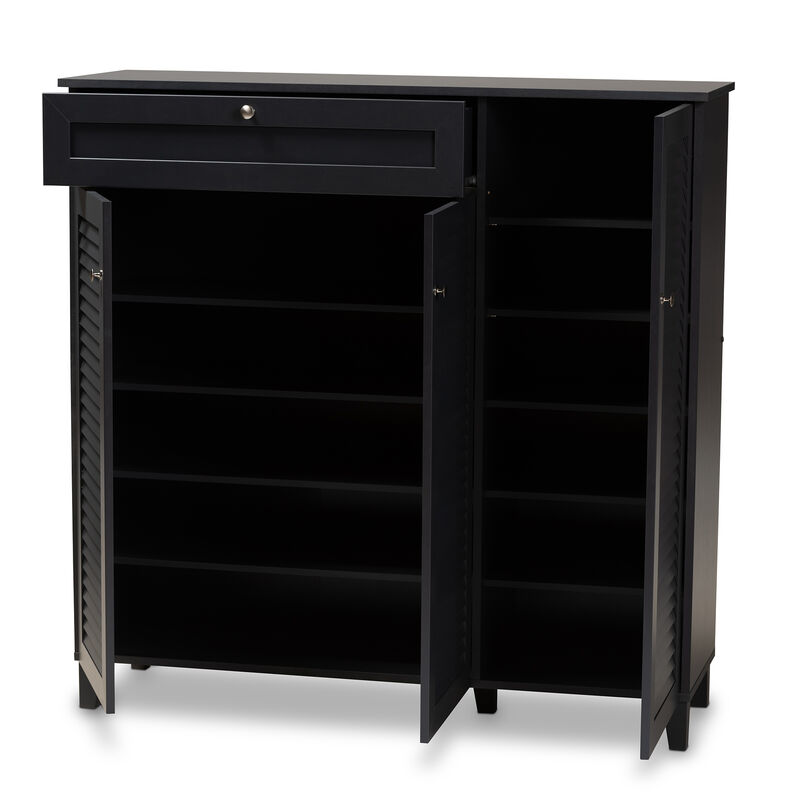 Baxton Studio Coolidge Dark Grey Finished 11 Shelf Wood Shoe Storage Cabinet With Drawer