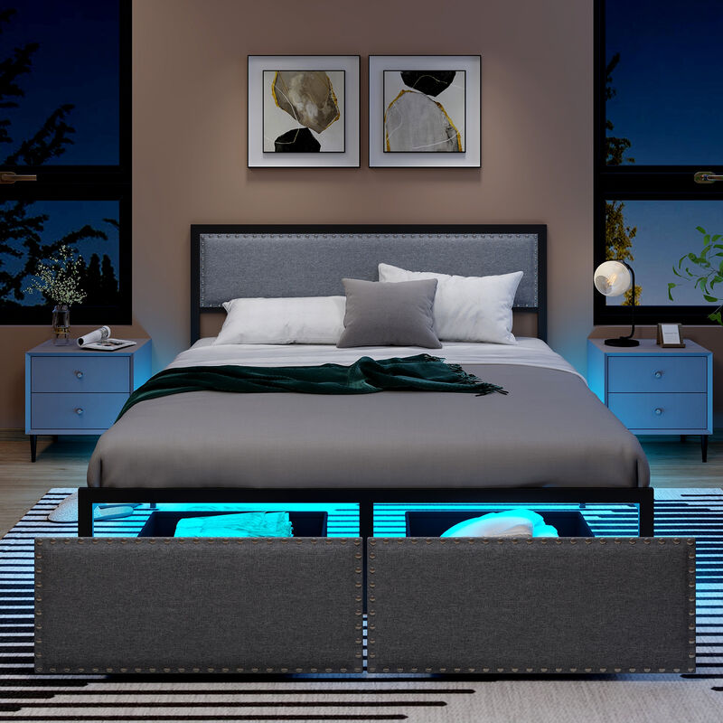 Contemporary Platform Bed with LED Headboard, Drawer, and Metal Slats &ndash; Easy Assembly Included
