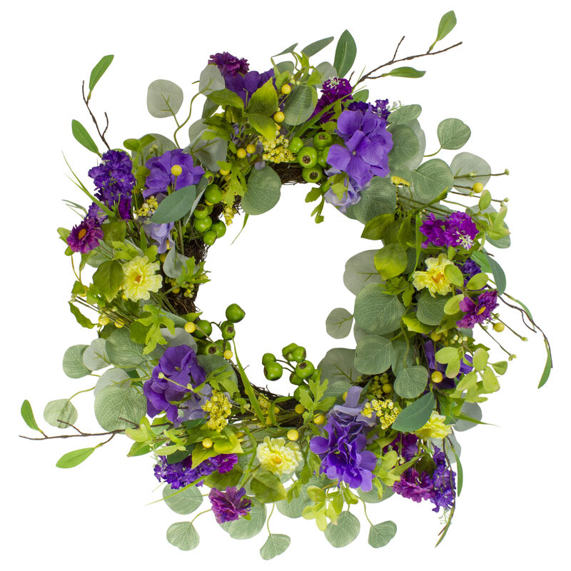 Eucalyptus and Hydrangea Floral Berry Spring Wreath  Purple and Yellow 23" image number 0