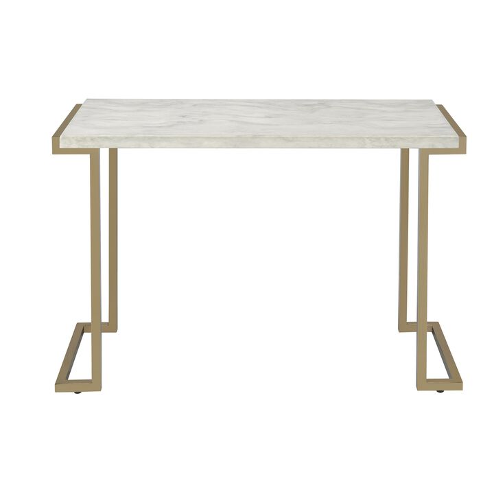 Contemporary Metal Frame Sofa Table with Faux Marble Top ,White and Gold-Benzara