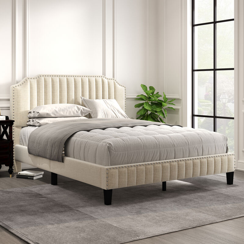 Modern Linen Curved Upholstered Platform Bed, Solid Wood Frame, Nailhead Trim, Cream (Queen)