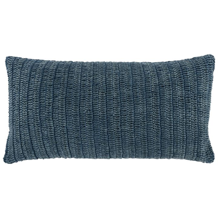Rosie 14 x 26 Lumbar Accent Throw Pillow, Hand Knitted Designs, Blue Linen - Benzara