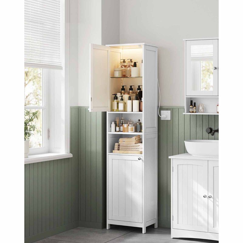 Freestanding Tall Bathroom Cabinet with Built-In LED Lights for Towels and Toiletries