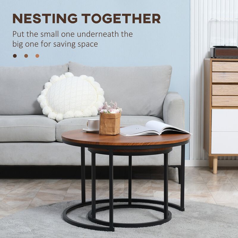Dark Walnut Nesting Set: Round Coffee Tables with Metal Frame