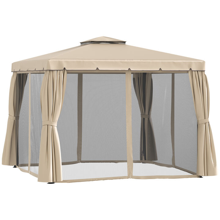 Outsunny 10' x 10' Patio Gazebo, Outdoor Gazebo Canopy Shelter with Double Vented Roof, Netting and Curtains, for Garden, Lawn, Backyard and Deck, Khaki