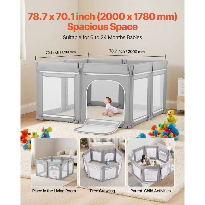 Extra Large Foldable Baby Playpen, Toddler Play Yard with Mesh & Zipper Door image number 6