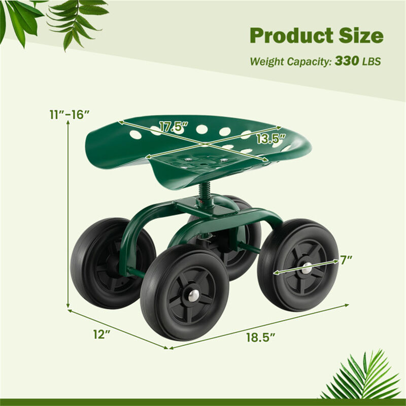 Rolling Garden Workseat with 360° Swivel Seat, Adjustable Height & Durable Wheels