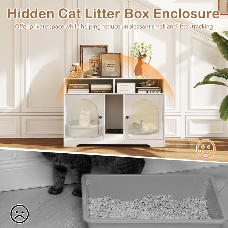 Hidden Cat Litter Box Enclosure with Storage and Double Rooms-White image number 6