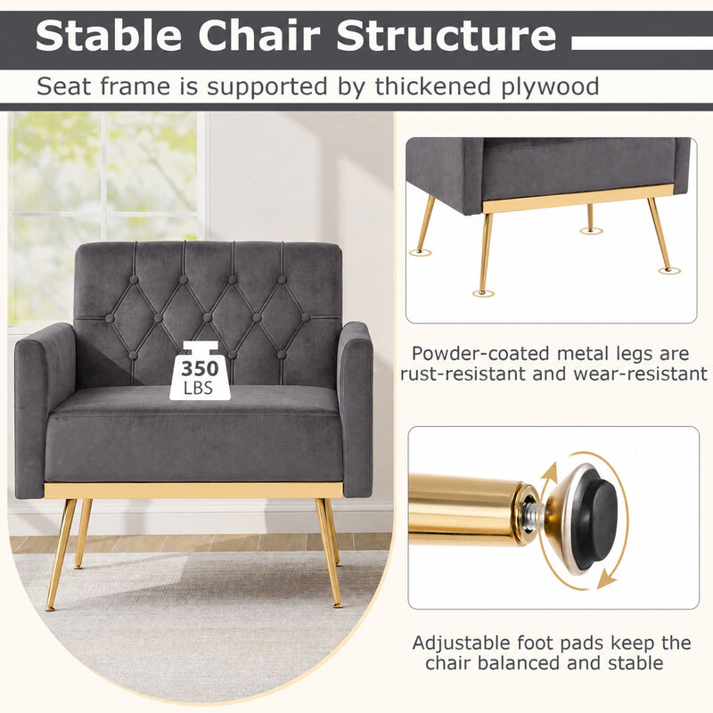 Modern Upholstered Accent Chair with Velvet Fabric and Button Tufted Back for Living Room image number 3