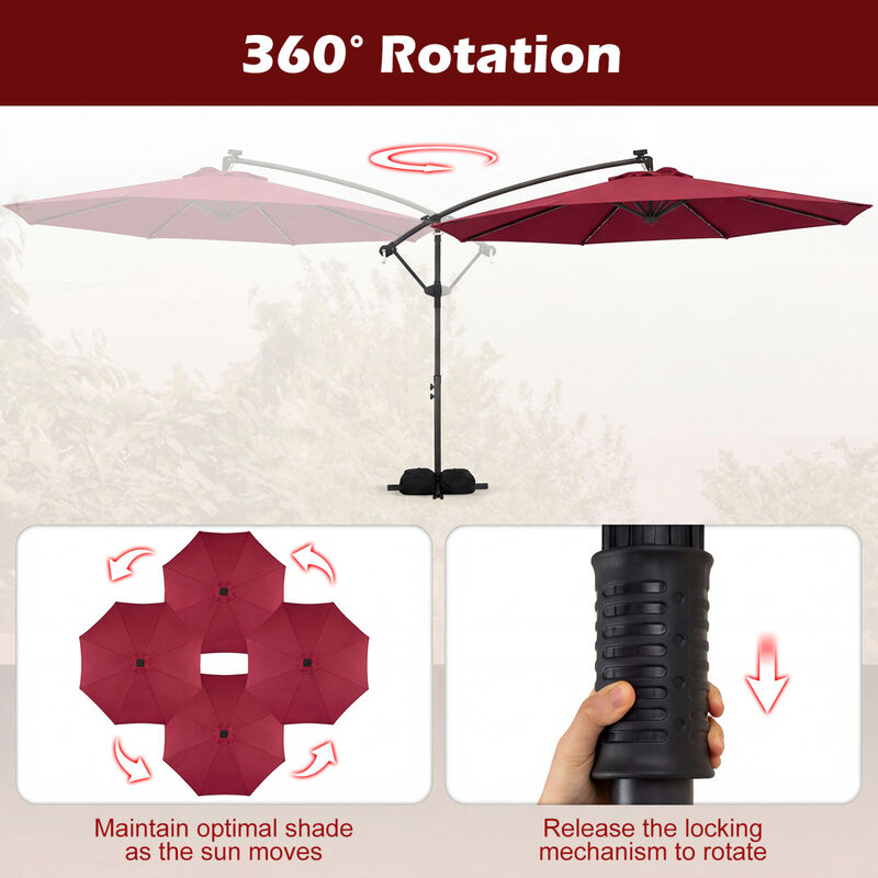 10 FT Solar LED Offset Cantilever Patio Umbrella Hanging Outdoor Market Umbrella image number 5