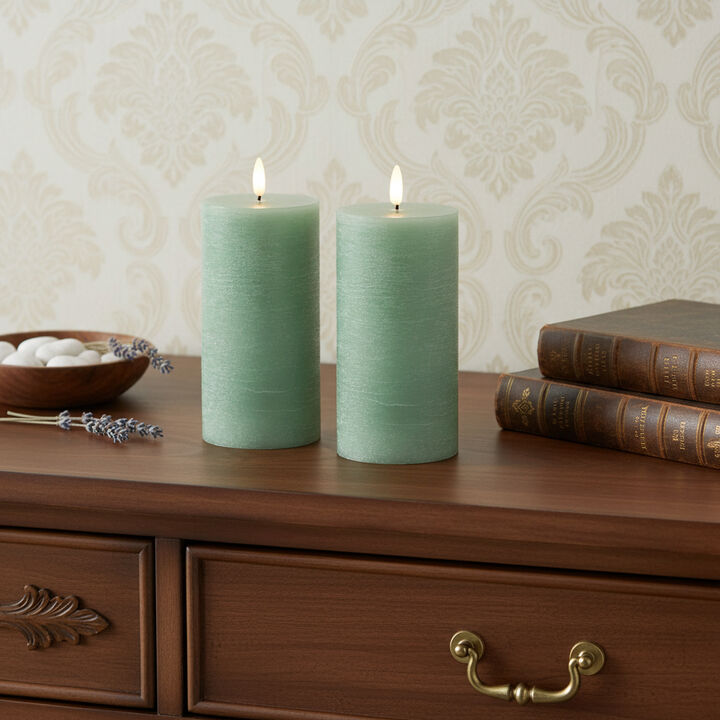 HomeRoots Set of Two Green Unscented Candle Flameless Pillar Candles