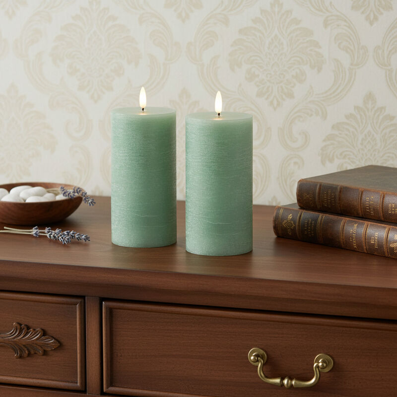 HomeRoots Set of Two Green Unscented Candle Flameless Pillar Candles image number 1