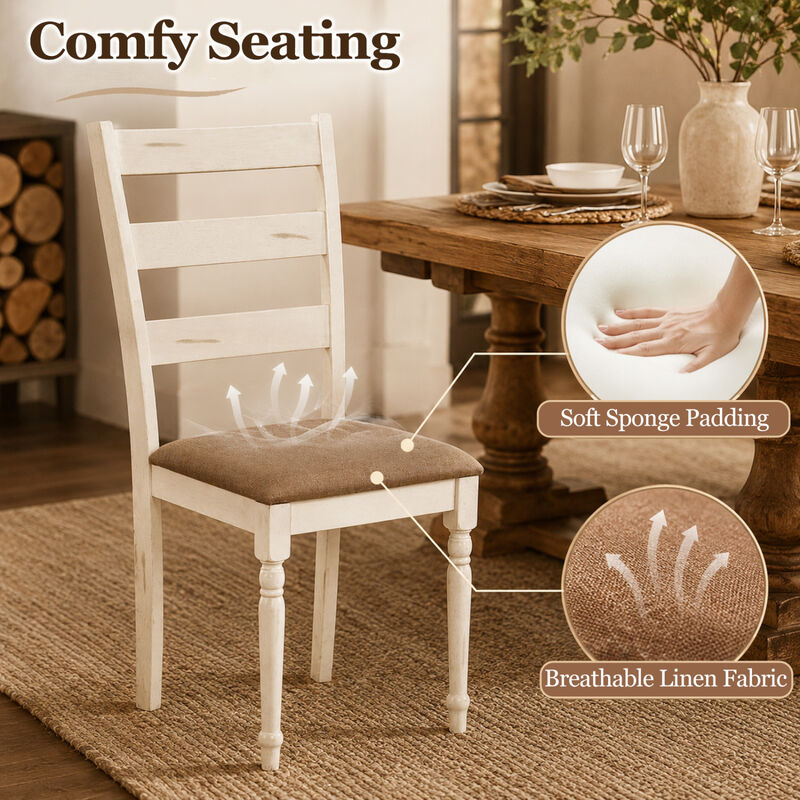 Wooden Dining Room Chairs Set of 4 with Linen Upholstered Seats and Slatted Backs-White image number 4