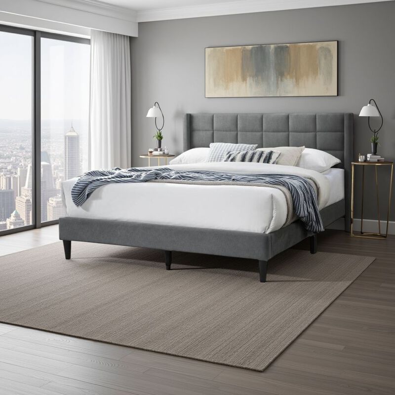 Meno Queen Size Bed, Square Stitched Slate Gray Linen Upholstery - Benzara