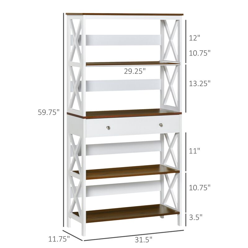 White Modern Shelving: 4-Tier Bookcase with Drawer and X-Bar