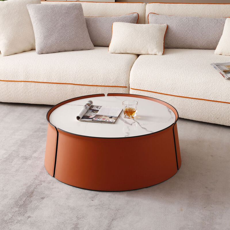 31.5inch Coffee Table, Marble Top+Orange Saddle Leather Body+Iron Frame