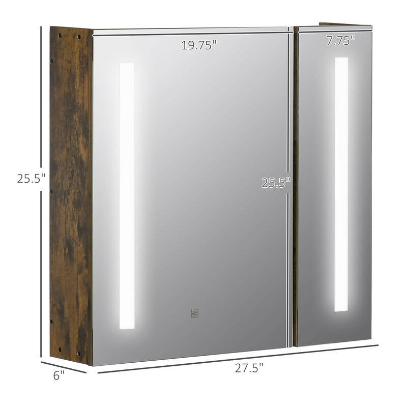Wall-Mounted LED Bathroom Medicine Cabinet w/ 3-Tier Storage Shelves, Dark Wood