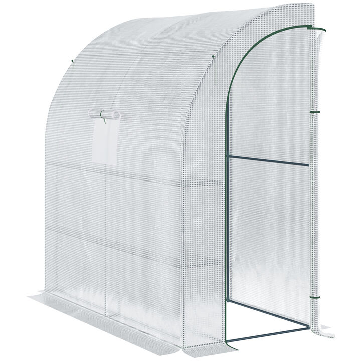 Outsunny 7' x 4' x 7' Outdoor Lean to Greenhouse, Walk-In Green House Plant Nursery with Roll-up Window, PE Cover, White