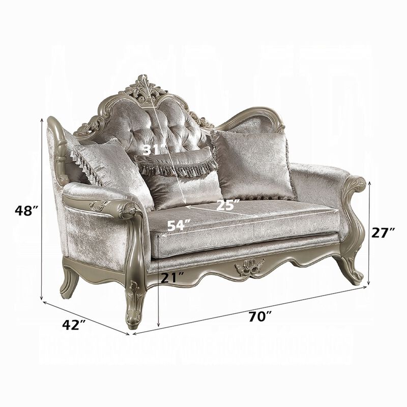 Bertha Baroque Loveseat with 3 Pillows, Tufted Champagne Gray, 70 Inch image number 5
