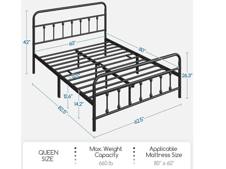 Classic Metal Platform Bed Frame Mattress Foundation With Victorian Style Iron-Art Headboard/Footboard/Under Bed Storage/No Box Spring Needed/Queen Size Black