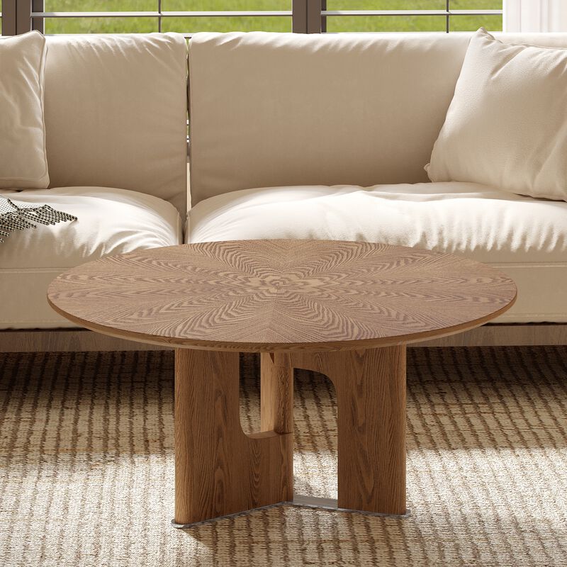31.5-Inch Rustic Round Coffee Table with Ash Wood Veneer, Modern Wooden Living Room Table image number 4