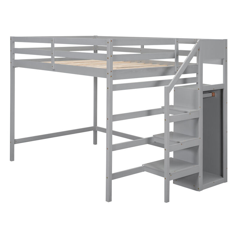 Whisen Wood Full Size Loft Bed with Built-in Storage Wardrobe and Staircase - Gray
