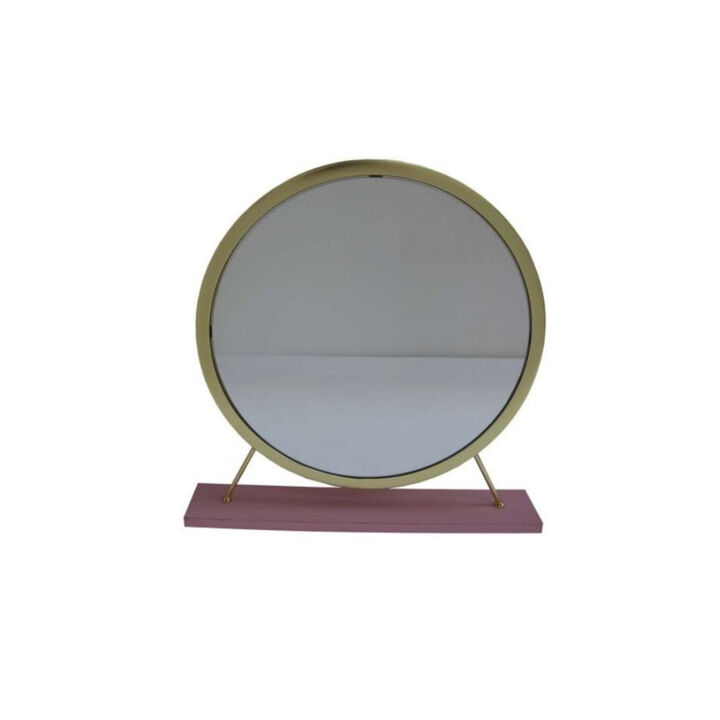 HomeRoots 19" Brass Metal Round Freestanding Ornate Framed Makeup Shaving Tabletop Mirror