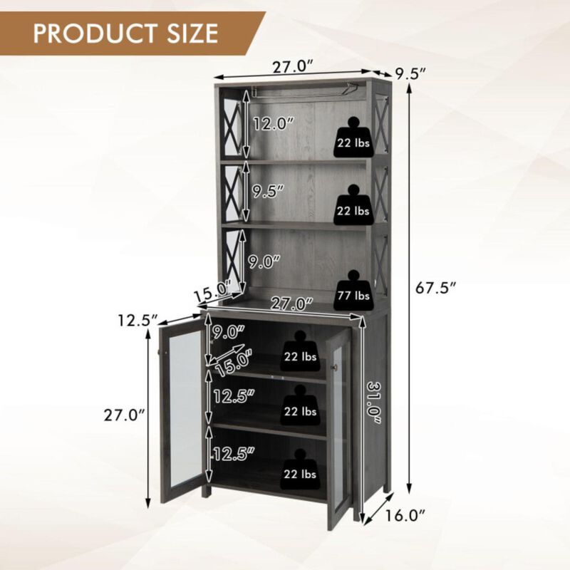 Hivvago Tall Freestanding Bar Cabinet Buffet with Glass Holder and Adjustable Shelf-Gray