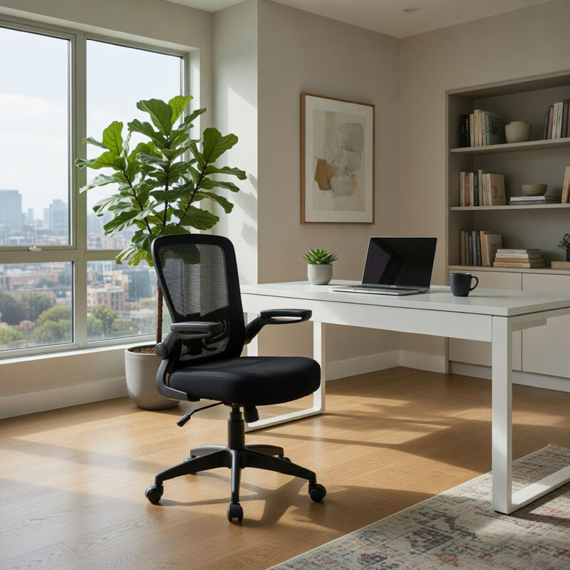 Swivel Task Chair, Mesh Back, Flip Arm, Height Adjustable, Black Fabric image number 1