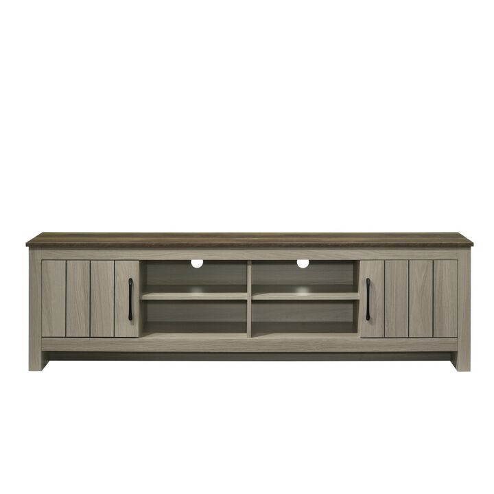 Nena TV Stand Cabinet, 2 Cabinet Doors, Brown Wood Top, Oak Gray - Benzara
