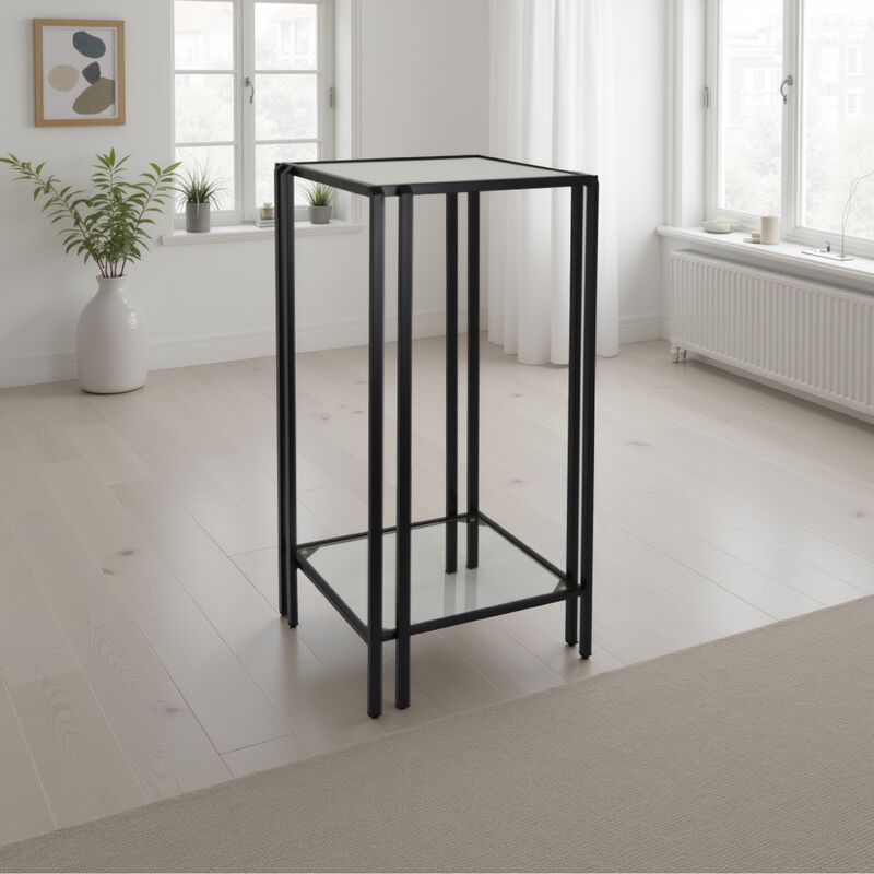 Buckley Plant Stand Table, Black Metal, Square Mirrored Top, 28 Inch - Benzara