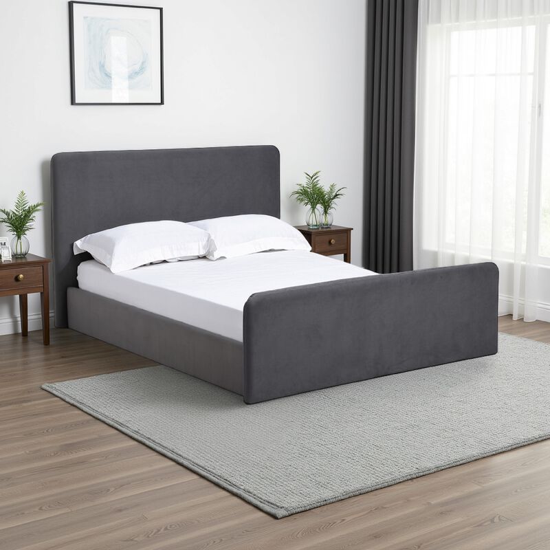 Cave California King Size Platform Bed, Velvet Upholstered, Charcoal Gray - Benzara
