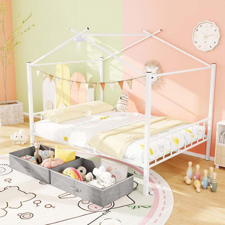 Metal House Bed with 2 Fabric Drawers for Kids, Fun and Functional Bedroom Furniture